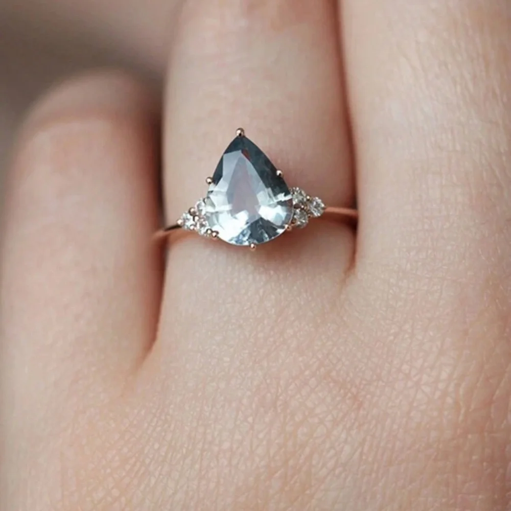 Elegant Rose Gold Plated and Blue Pear Gemstone Fairycore Ring - Picture 3 of 9